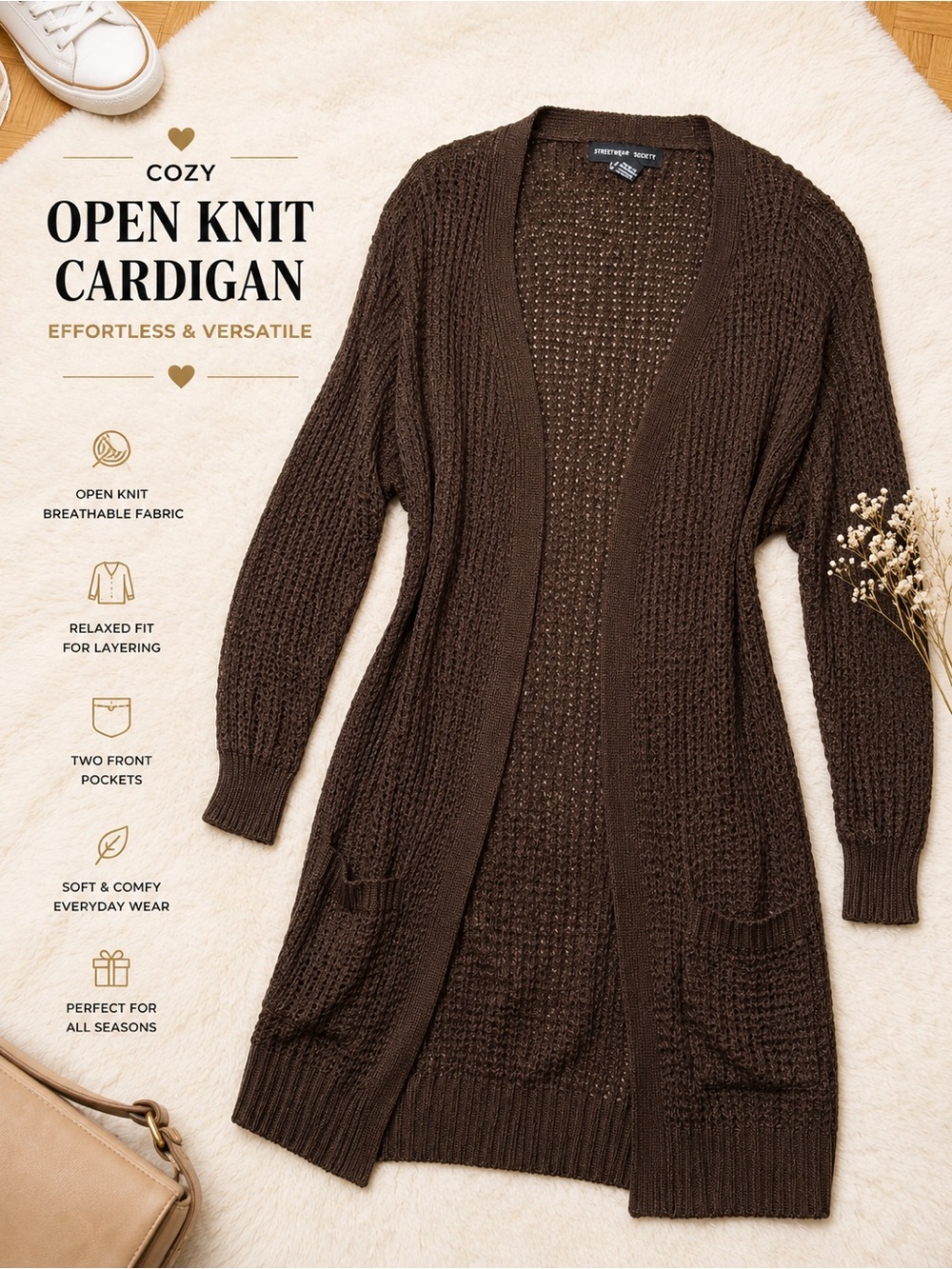Streetwear Society Oversized Open Knit Cardigan | Brown | Size S (Oversized Fit)